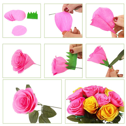 57pcs 6 Rolls Crepe Paper DIY Flower Making Kit, Size 10" x 98" Craft Streamers Include Floral Tape & Stem Wire for Wedding, Party, Festival Decorations for Gift Wrapping & Paper Flowers