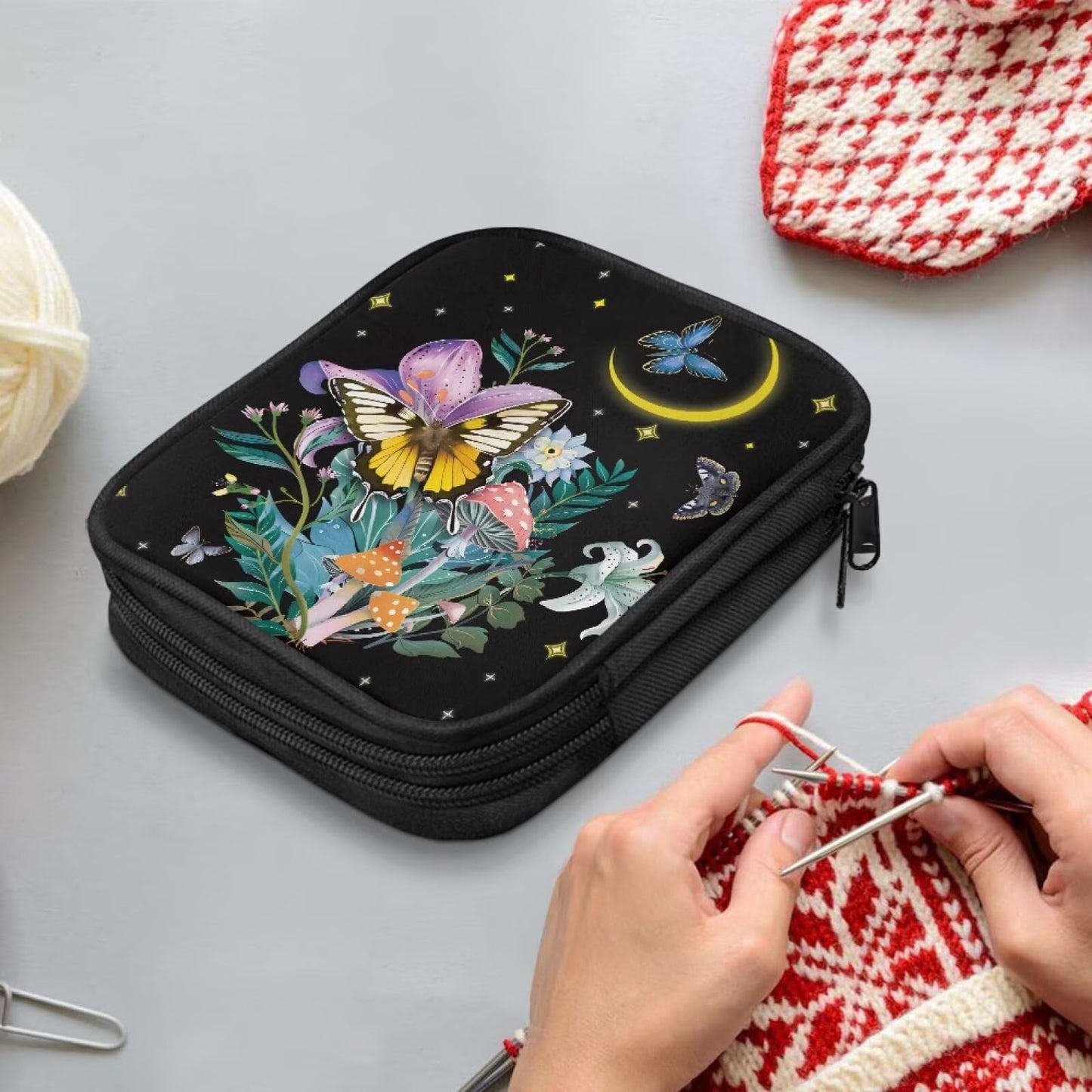 Twousenru Fashionable Butterfly Mushroom Crochet Hook Case Portable Knitting Needle Case with Web Pockets Swing Crochet Hooks Accessories Easy to Take