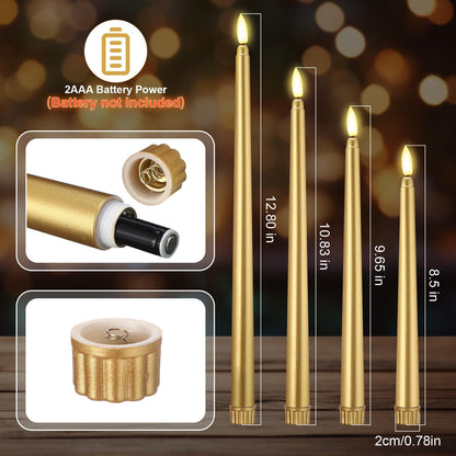 Rossesay 24 Pcs Flameless LED Taper Candles Battery Operated Candle 8.5", 9.65", 10.8", 12.8" Flameless Candlesticks Flickering for Christmas Church Wedding Indoor Decoration(Classic, Golden)