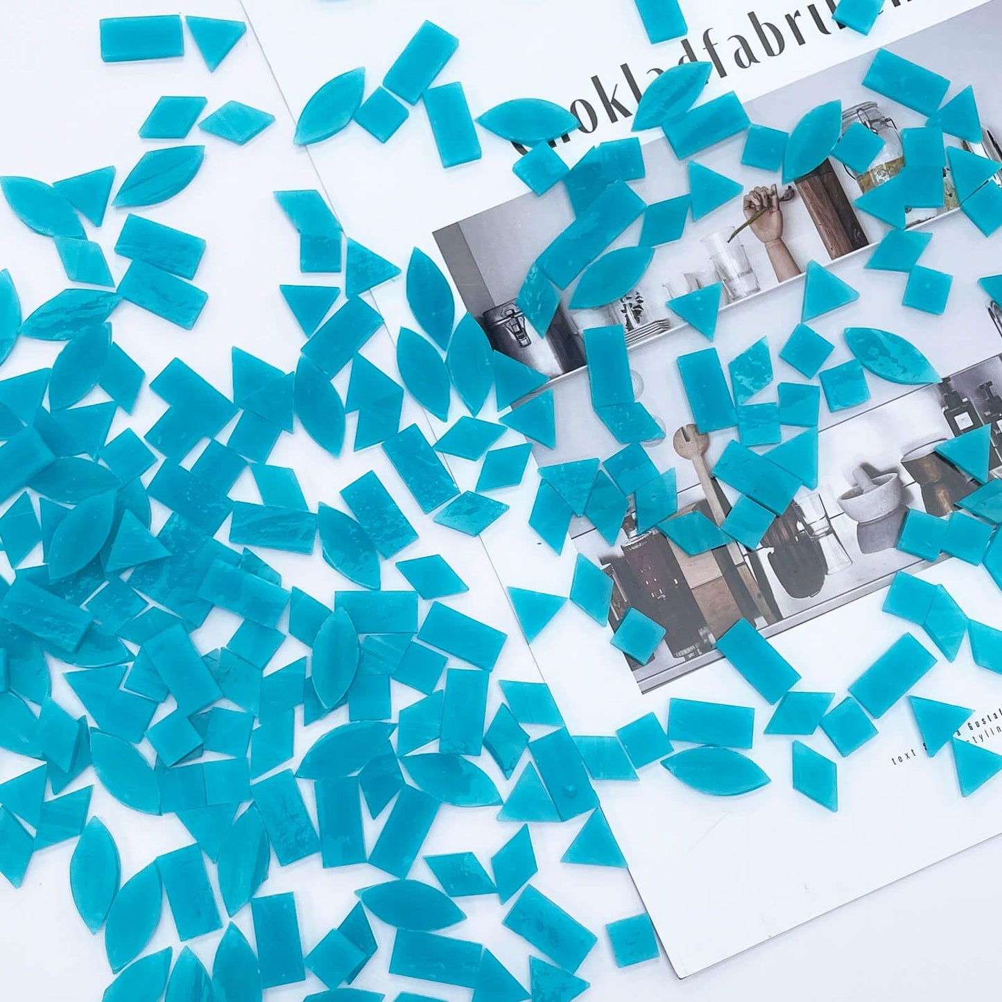 LITMIND Teal Blue Stained Glass Mosaic Tiles - 240 Pieces in 5 Shapes (Rectangle, Triangle, Rhombus, Square, Leaf) Mixed Sizes for Crafts, Mosaic Projects & Home Décor