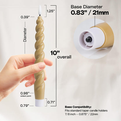 WYZworks 10" Flameless LED Taper Candles – Full Twisted Spiral – Light Tan, Set of 6 – Remote, 2/4/6/8-Hr Timer (24-hr Memory), Bottom On/Off Button, Dimmable, Battery Operated, Flicker/Steady