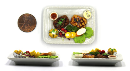 Lovely Mixed 5 Assorted Hawaiian Grilled, Steak, with Appetizer Dish Dollhouse Miniature Food, Tiny Food for Collectibles, Compatible with Barbie Dollhouse and Diorama Scale 1:6, 1/6