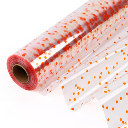 CMFYHM Clear Cellophane Wrap Roll with Orange Polka Dots | 34" x 100’ | 3 Mil Transparent Cellophane Roll,Gift Wrap Cellophane,large Cellophane Wrap Film for Autumn Thanksgiving Baskets, Gifts, Treats,Crafts, Halloween Wrapping