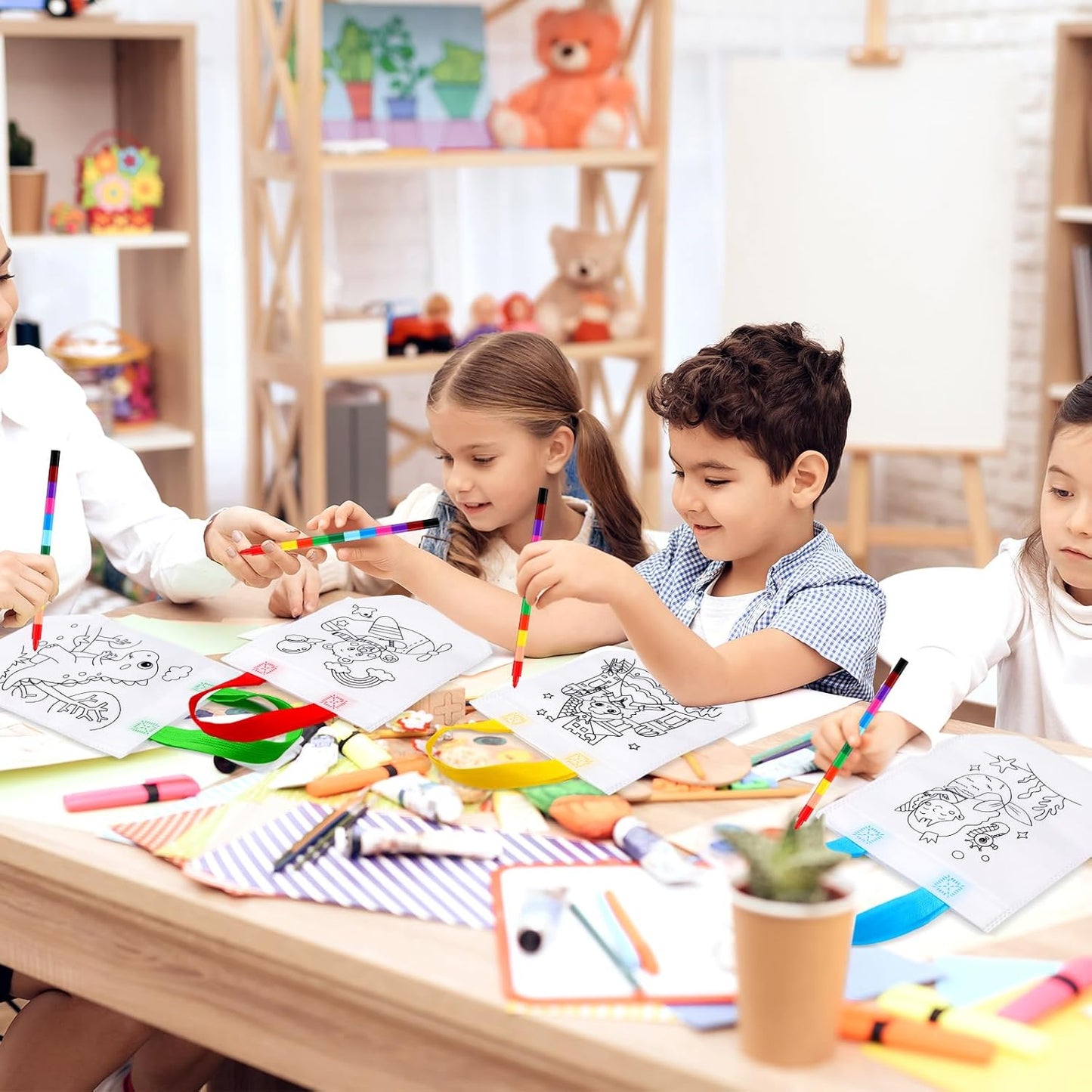 48 Chunful Pieces Coloring Goodie Gift Bags for Kids Birthday Party Reusable Coloring Tote Bags Cute Cartoon Colorful