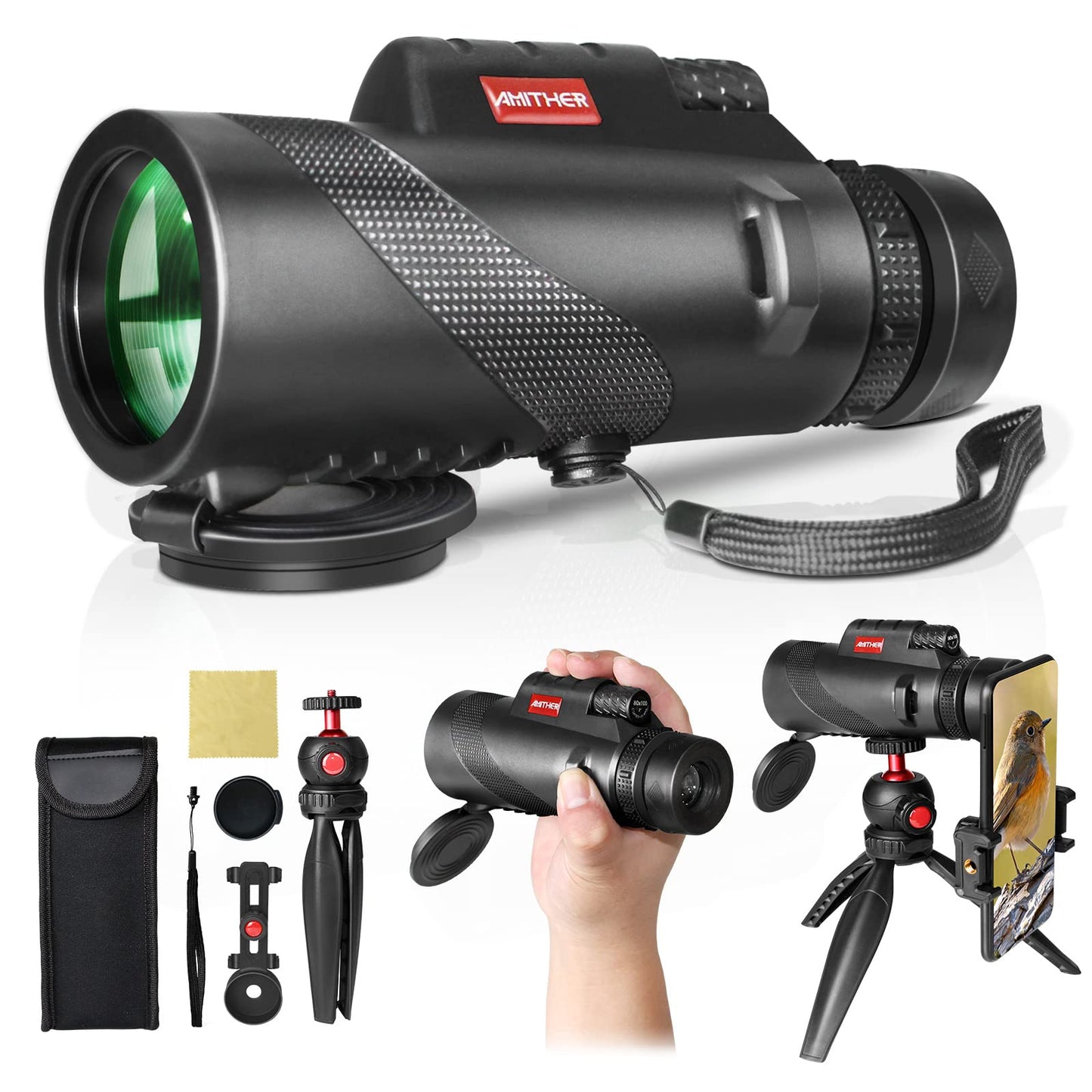 80x100 Monocular Telescope for Smartphones - High Powered HD Monocular with Tripod & Adapter, Low Light Vision for Adults - for Wildlife, Bird Watching, Hunting, Hiking