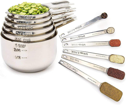 Simply Gourmet Measuring Cups and Spoons Set of 12, 304 Premium Stainless Steel, Stackable Cups Long Handle Spoons for