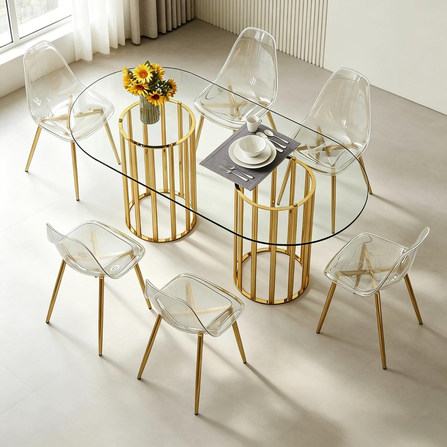 Trygoal Glass Dining Table Set, 7-Piece Table and Chair Set with 71" Oval Glass Dining Table & 6 Clear Acrylic Chairs, Modern 6-Seater Kitchen Table Set with Metal Double Column Luxury Style, Gold