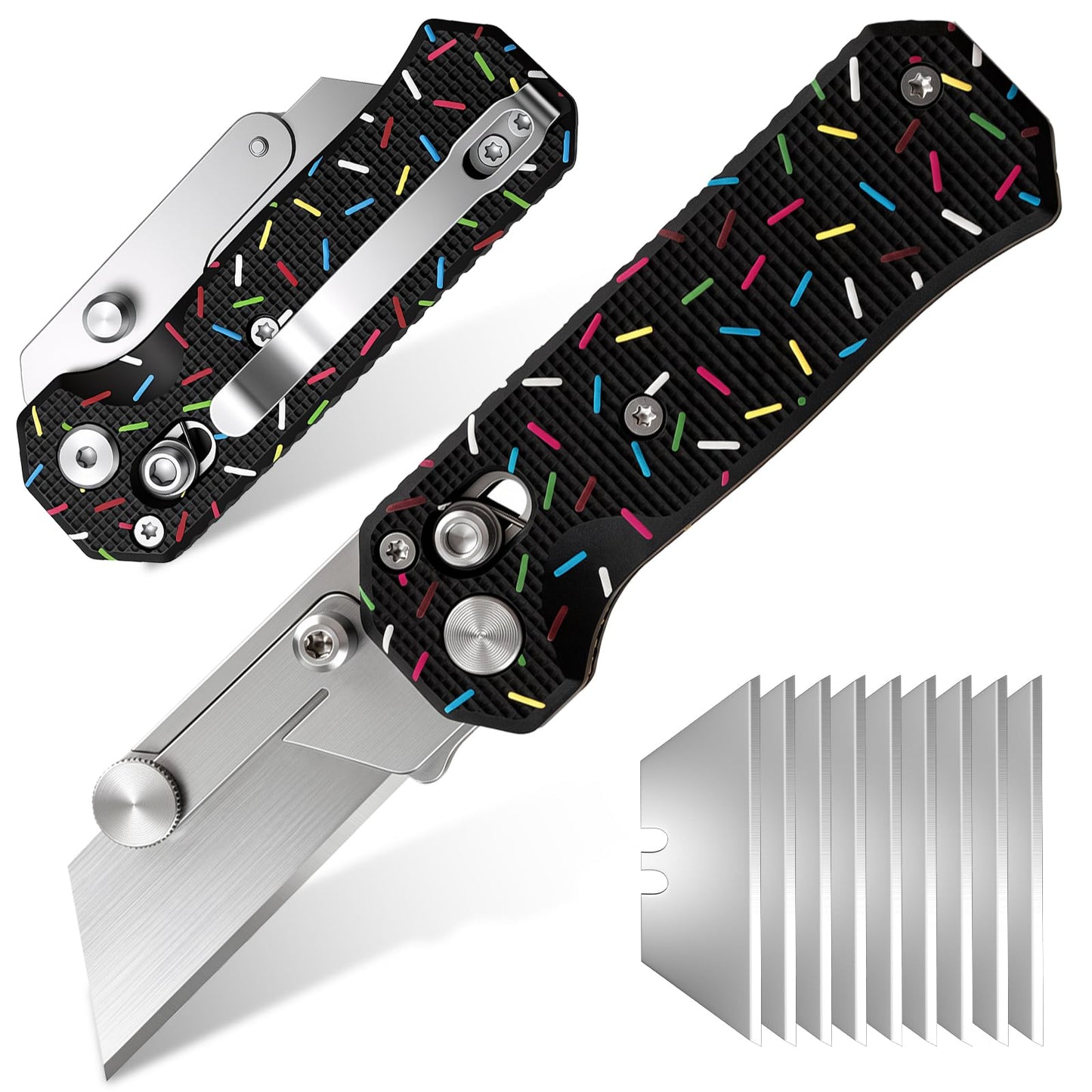 Folding Utility Knife for Women Men,Quick Change Box Cutter with 10Pcs SK5 Replaceable Blades,EDC Razor Knife for Cartons,Cardboard,Boxes,Christmas Stocking Stuffers Gifts for Men Husband(donut black)
