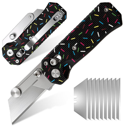 Folding Utility Knife for Women Men,Quick Change Box Cutter with 10Pcs SK5 Replaceable Blades,EDC Razor Knife for Cartons,Cardboard,Boxes,Christmas Stocking Stuffers Gifts for Men Husband(donut black)
