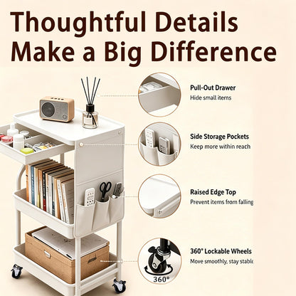 3 Tier Rolling Cart with Wheels and Drawers,Utility Storage Organizer Cart with Fabric Bag & Silent Casters for Nail Art, Makeup, Book, Nursery, Dorm Room Essentials and Kitchen, White