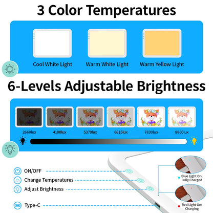 TOHETO A4 Rechargeable Led Super Bright Light Pad Powered by 3500mAh Lithium Battery for Weeding Vinyl Tool, Portable Wireless Light Board/Box for Tracing, Diamond Painting, Sketching & Drawing
