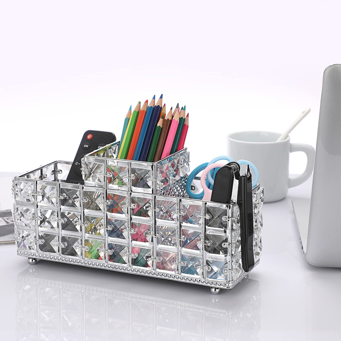Hipiwe Crystal Remote Control Holder Bling Makeup Brush Holder Organizer Desktop Cosmetics Brushes Storage Cup Pen Pencil Storage Pot Cup for Dresser Bathroom Office, 3 Slot