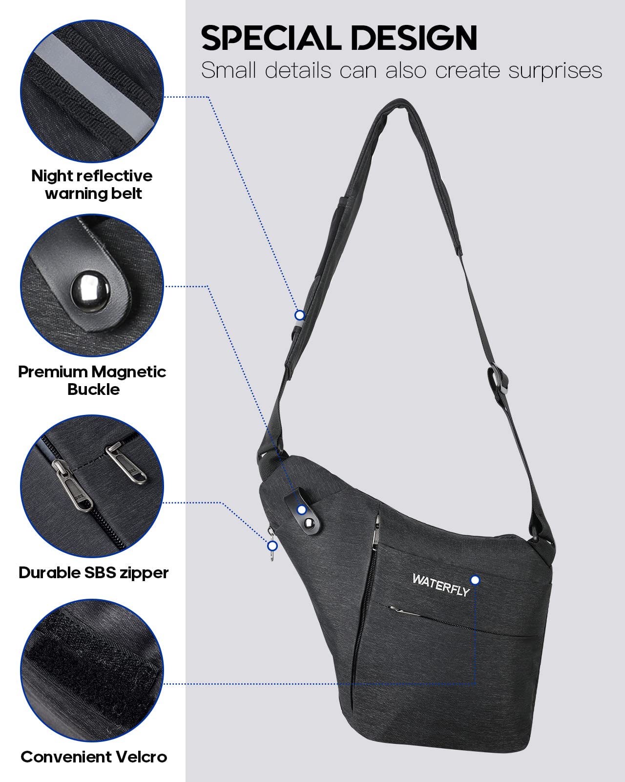 WATERFLY Sling Crossbody Chest Bag: Slim Anti-Theft Cross Body Bag Over Shoulder Backpack Stealth Side Pack Man Woman