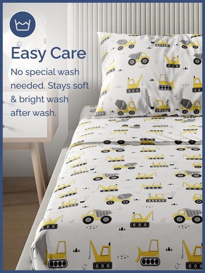 4 Set Set Kids Full Size Construction Bed Sheets - Piece Car Microfiber Sheet - Excavator Themed Bedding - Soft, Cute
