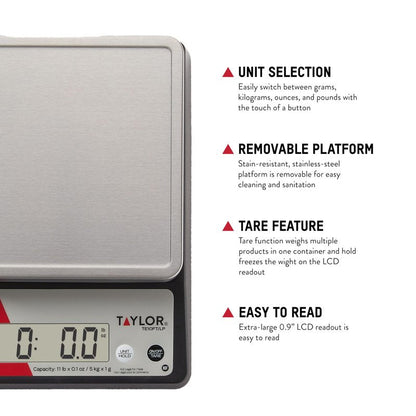 Taylor TE10FT 11-Pound Commercial Digital Portion Control Scale, 11 lb (5 kg) in 0.1 oz (1 g) Food and Cooking Scale, Tare and Hold Function, NSF, Stainless Steel Platform