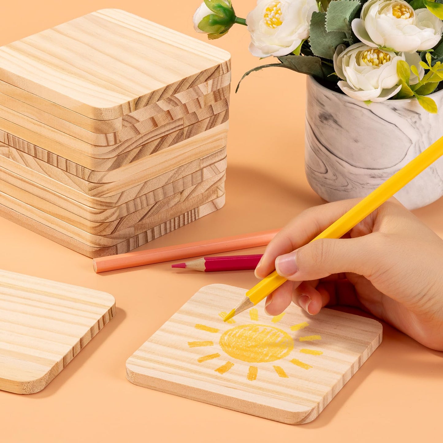 46Pcs Unfinished Wood Coasters-4" Unfinished Natural Wood Slices for Crafts Round with Non-Slip for Wedding Decoration/Blank Coasters Wood Kit DIY Architectural Models Drawing Painting Wood Engraving