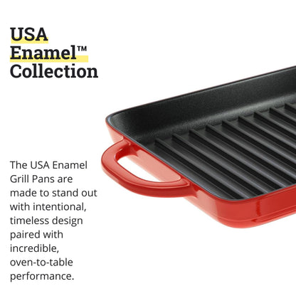 Lodge 12.5 x 8 Inch Enamel Cast Iron Grill Pan - Dual Assist Handles - Use in the Oven, on the Stove, on the Grill, or Over a Campfire - Red