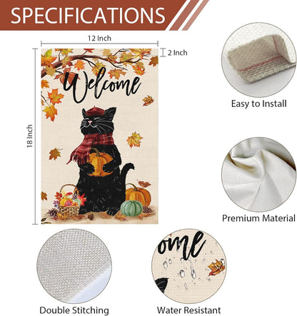 Welcome Fall Garden Flag 12 x 18 Inch, Double Sided Burlap Black Cat with Pumpkins, Autumn Maple Leaves Thanksgiving
