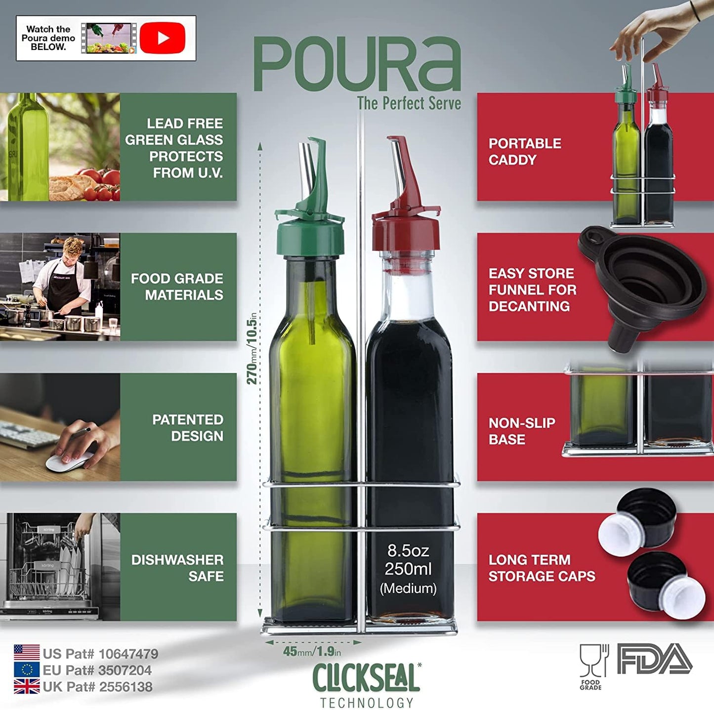Poura Vinegar and Olive Oil Bottle Drizzler Set with ClickSeal BPA Free Pour Spouts | Glass Oil & Vinegar Dispenser Bottles for Cooking & Dining | Hygienic Covers + Silicone Decanter Funnel 250ml