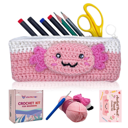 Axolotl Crochet Kit for Beginners, Learn to Crochet Pencil Bag Starter Set with Video Tutorial & Crocheting Manual, Easy Yarn Knitting Kit for Adult, DIY Amigurumi Birthday Xmas Gift Idea