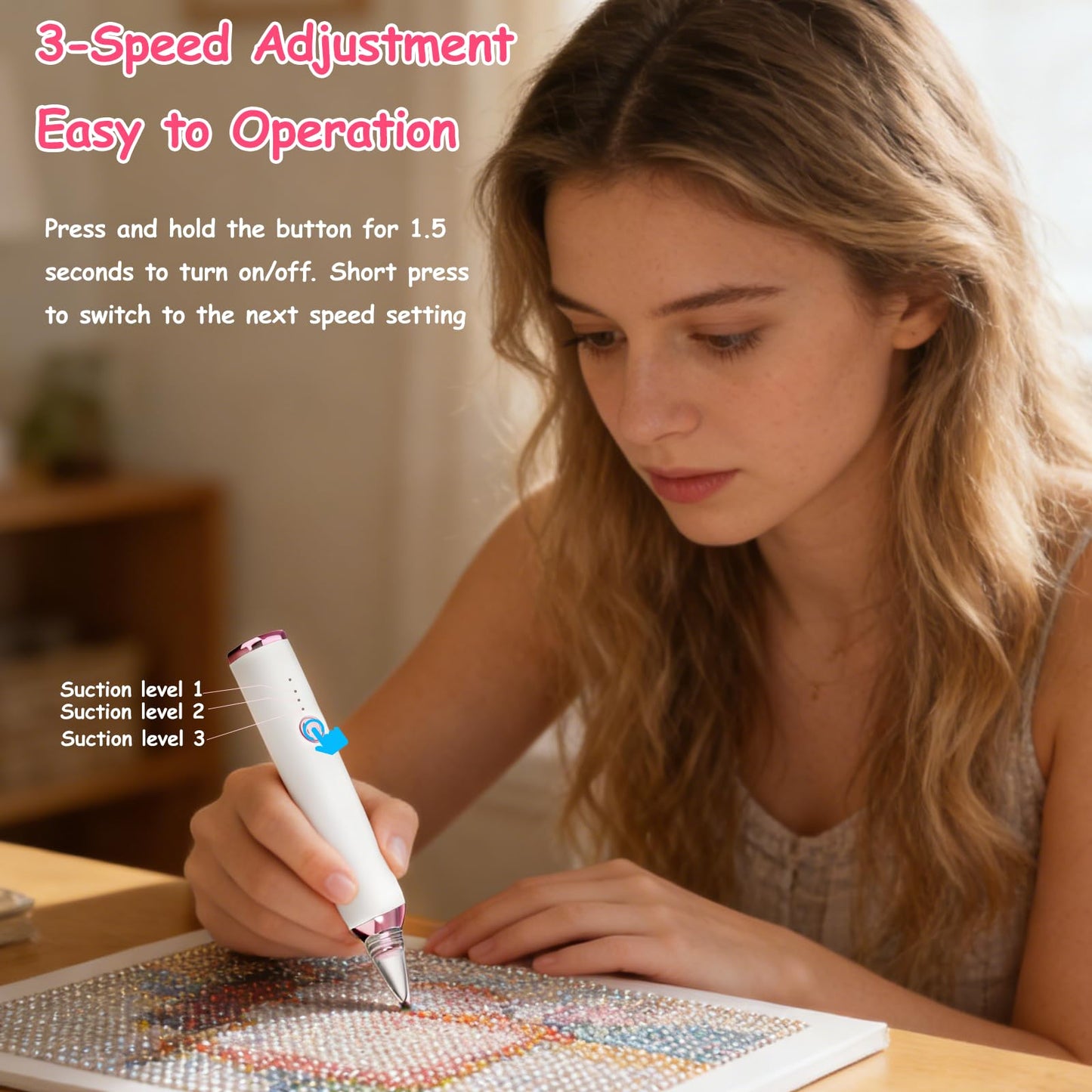 Pixibond Electric Diamond Art Pens, Wireless Diamond Painting Pen with Two Tips | Vacuum Technology | No Wax Needed | 3-Speed Suction Mode Diamond Art Kits Accessories for Adults & Kids