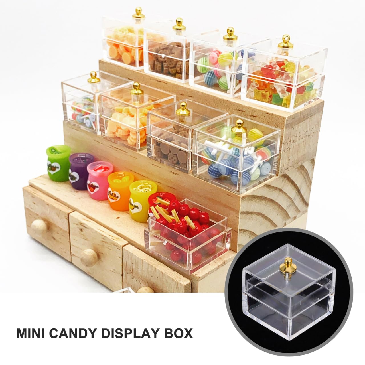 10Pcs Miniature Dollhouse Candy Boxes with Lids, 1:12 Scale Clear Plastic Display Jars, Tiny Food Containers for Doll House Bakery Shop Accessories, 1-inch Mini Treat Box for Crafts & DIY Decor