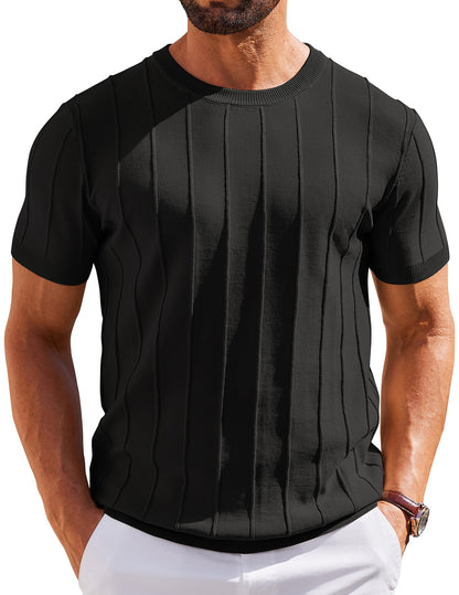 COOFANDY Mens Knit Shirt Casual Short Sleeve Crew Neck T Shirts Ribbed Summer Shirts Slim Fit Black