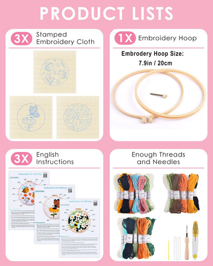 TINDTOP 3 Sets Punch Needle Kits, Flowers Punch Embroidery Kits for Adults Beginner, Tool with Punch Needle Fabric, Hoops, Yarns and Sewing Needles