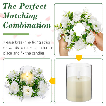 Yunlly 4 Pcs White Rose Candle Wreaths Rings Roses and Green Leaves Candle Holder Rings with LED Flameless Candles, 9.5" Wide for Wedding Windows Table Centerpieces