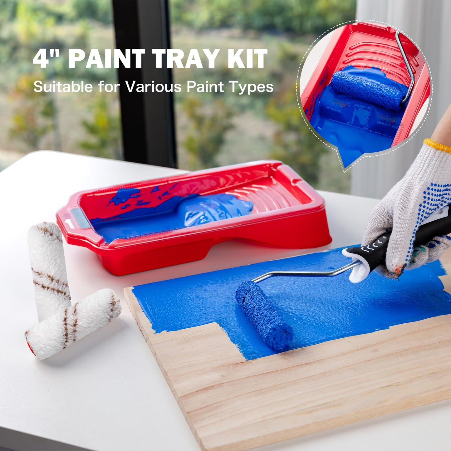 Mister Rui Mini Paint Roller Kit-13 Piece, 4-Inch Microfiber Paint Rollers with Ergonomic Handle, Small Roller Paint Brush, Paint Tray with 3 Liners, Perfect for House Painting, Trim, and Touch-Ups