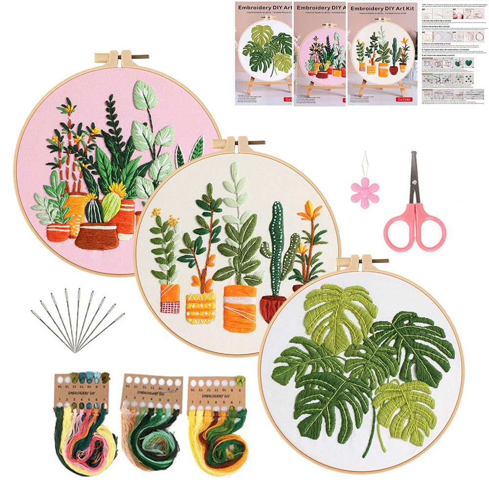 Konrisa Embroidery Kits for Adults Beginner, European Style Garden Plant Green Leaf Stamped Embroidery Starter Kit,DIY Sewing Practice, Needlepoint Cross Stitch Kit,Set of 3
