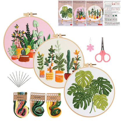 Konrisa Embroidery Kits for Adults Beginner, European Style Garden Plant Green Leaf Stamped Embroidery Starter Kit,DIY Sewing Practice, Needlepoint Cross Stitch Kit,Set of 3