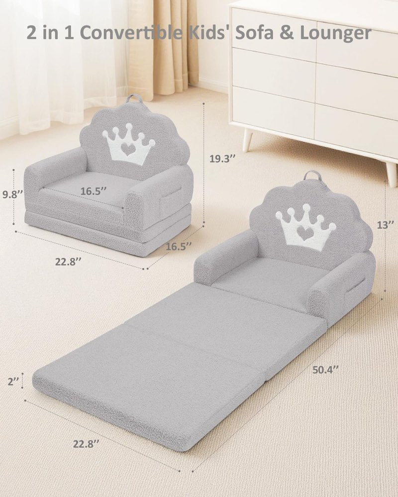 PIIKAGO 2-in-1 Kids Couch Fold Out, Soft Teddy Sherpa Toddler Couch with Crown Design, Convertible Kids Sofa to Lounger for Nap & Playtime, Cozy Children's Furniture for Boys & Girls, Grey