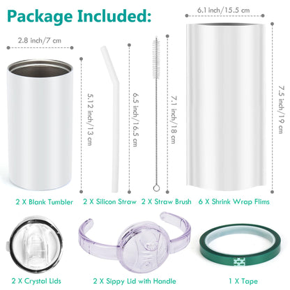 Rommeka Sublimation Blanks Skinny Sippy Cups, 12oz Spill Proof Stainless Steel Insulated Tumbler with Lid and Straw, Double Wall Water Bottle with Handle for Kids and Children
