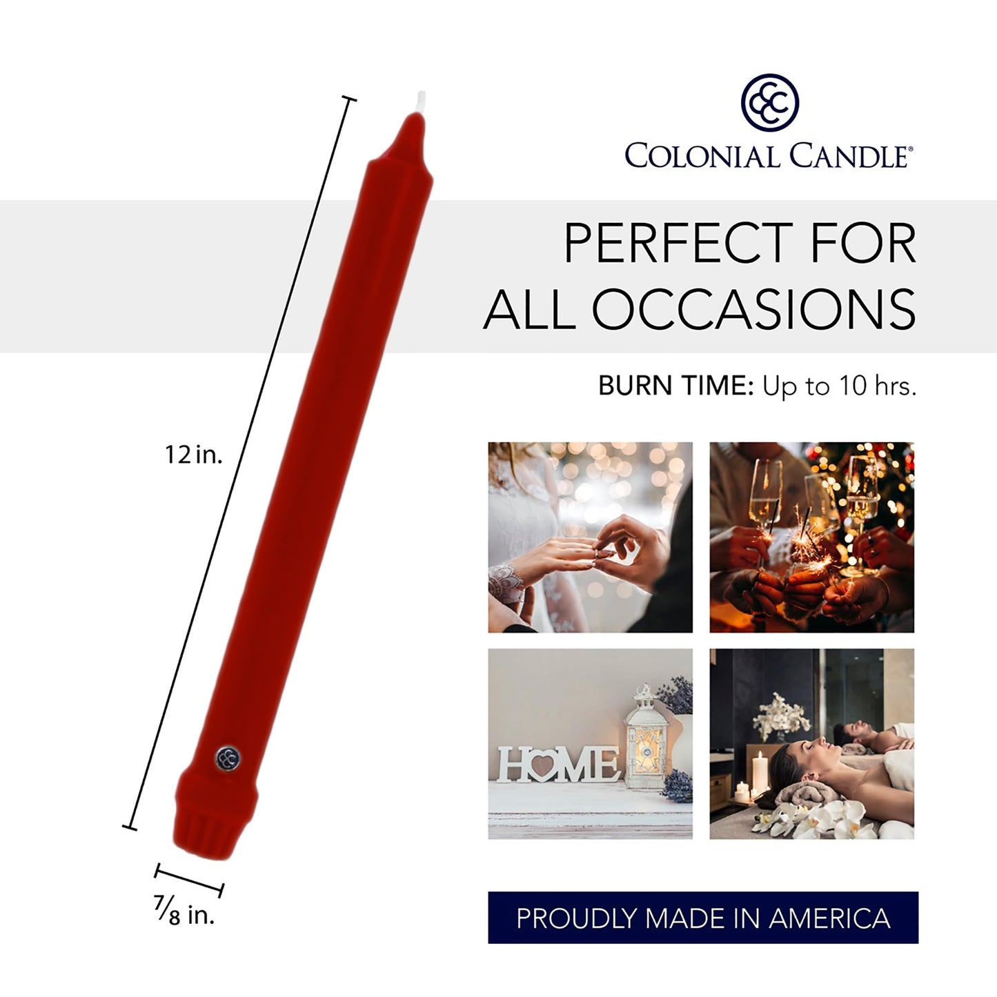 Colonial Candle Unscented Taper Candle, Classic Collection, Traditional Cranberry, 12 In, Pack of 12 - Up to 10 Hours Burn