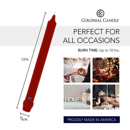 Colonial Candle Unscented Taper Candle, Classic Collection, Traditional Cranberry, 12 In, Pack of 12 - Up to 10 Hours Burn