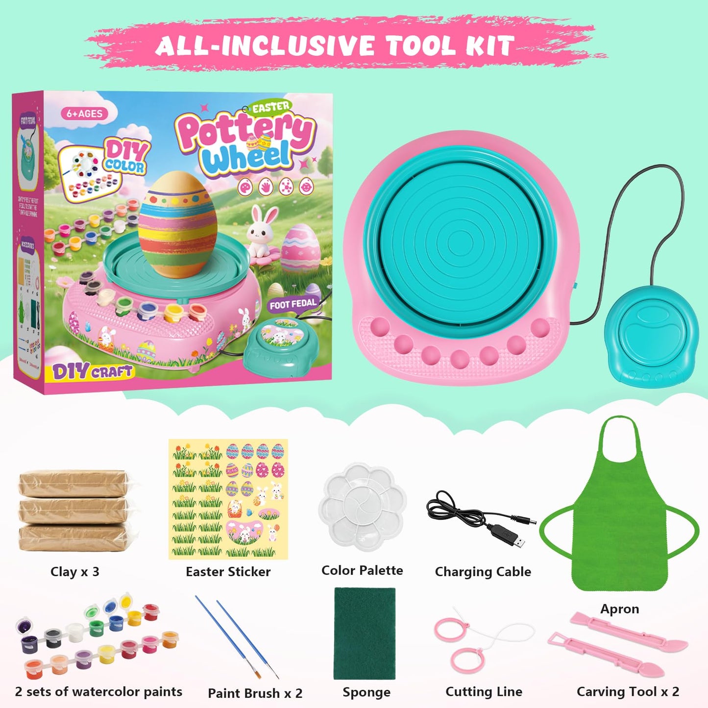 TingingYuli Pottery Wheel for Kids with Clay Kit - Arts and Crafts for Kids Ages 6-8 8-12, Complete Pottery Kit with Air Dry Clay and Painting Tools, Easter Christmas Birthday Gift for Boys Girls