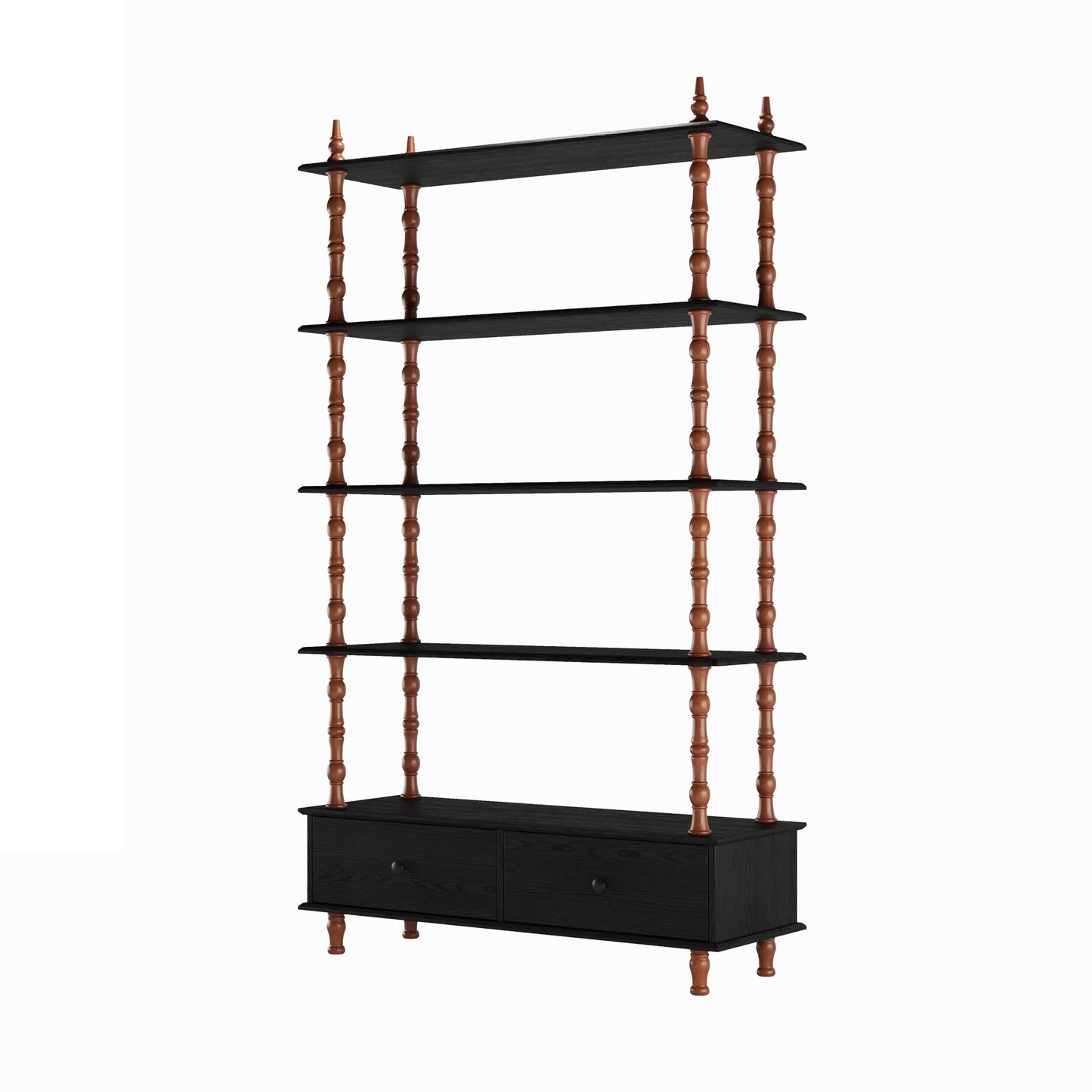 KEIKI 74.4 Inch Bookcase Shelf, 5 Tier Wood Book Shelf, Large Open Shelves with Storage Drawers, Solid Wood Veneered Free Standing Shelves for Living Room, Study Room, Black