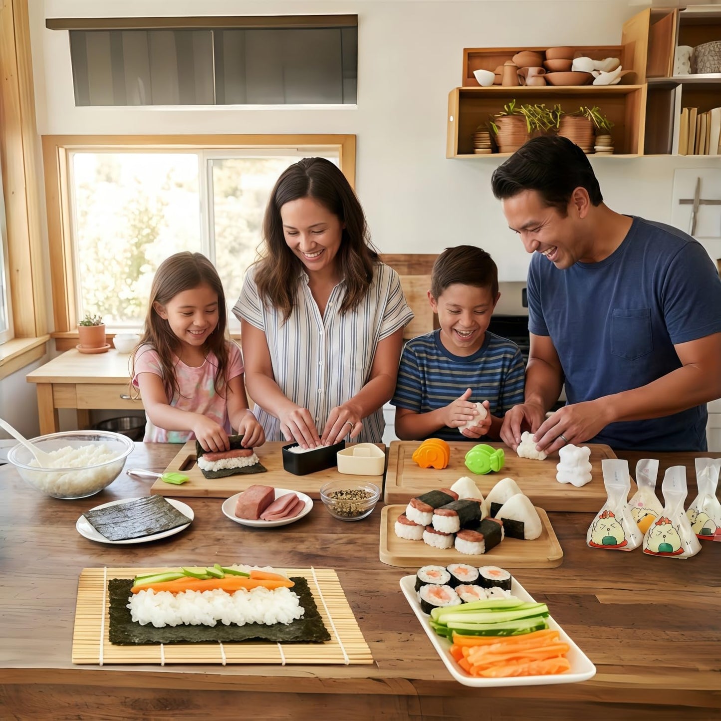 Onigiri Mold Set - 12pcs Spam Musubi Maker Press Rice Ball Mold Sushi Rolling Mat Sushi Making Kit with 50pcs Onigiri Wrappers and Stickers for Lunch Bento and Home DIY