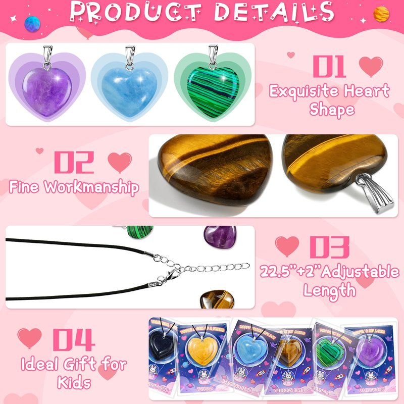 Valentines Day Cards for Kids School with Heart Gemstone Necklaces, Valentines Exchange Gifts Bulk with 24-Pack Unique Gemstone Heart Crystals, Classroom Valentine Party Favors with Goody Bag