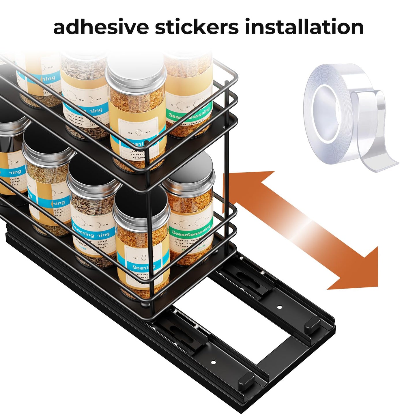 Pull Out Spice Rack Organizer for Cabinet, Slide Out Spice Racks, Easy to Install, 2.1''Wx10.35''Dx8.26''H, 3 Drawers 2 Tiers(Black)