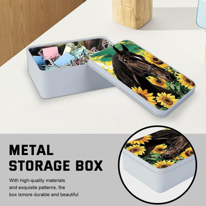 VACGBJPG Metal Tin Box with Lid for Game Cards Home Organizer Candles Keys Crafts Storage - Equipped with 4 Magnetic Cord Clips，Horses and Sunflowers