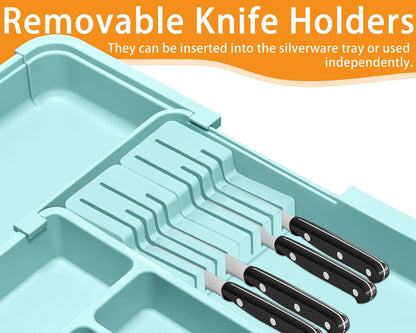 Homecor Silverware Organizer - Expandable Large Kitchen Drawer Organizer Utensil Organizer with 2 Removable Knife Blocks, 22"x 19"Cutlery Tray Drawer Dividers for Kitchen Flatware(6-9 Slots) (Black)