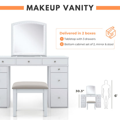 24/7 Shop at Home Juno Modern White Vanity Desk with Mirror and LED Lights, Makeup Table with 9 Drawers, Upholstered Stool with Wood Legs, Bedroom Furniture Set, Dressing Room, Youth Room