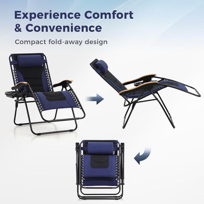 MAISON ARTS Oversized XXL Padded Zero Gravity Chair Set of 2 | 30" Wide Foldable Patio Recliner, Supports 400lbs, Blue