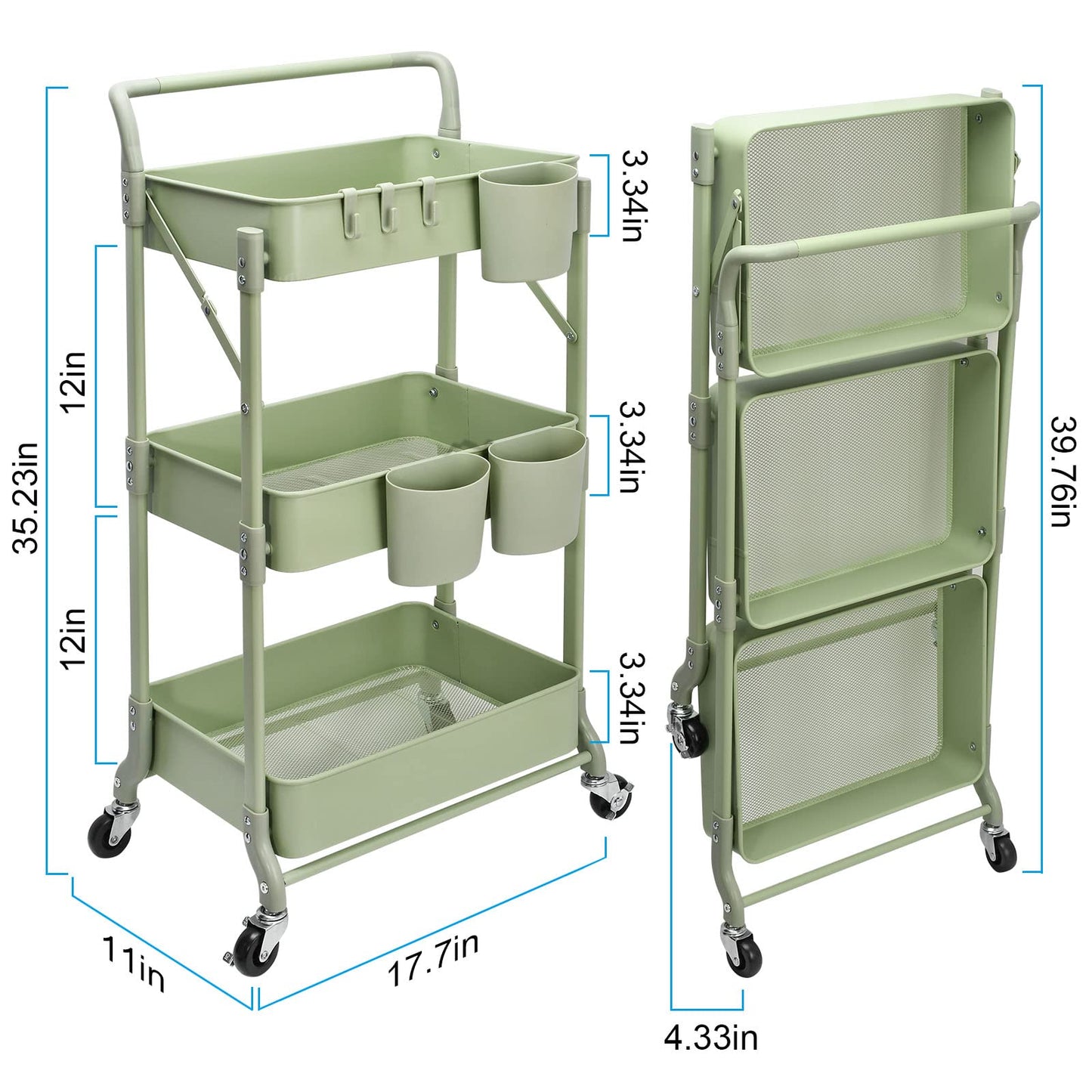 Foldable 3 Tier Rolling Cart, Metal Utility Cart, Folding Mobile Multi-Function Storage Trolley Organizer Cart for Home Library Office(Green)
