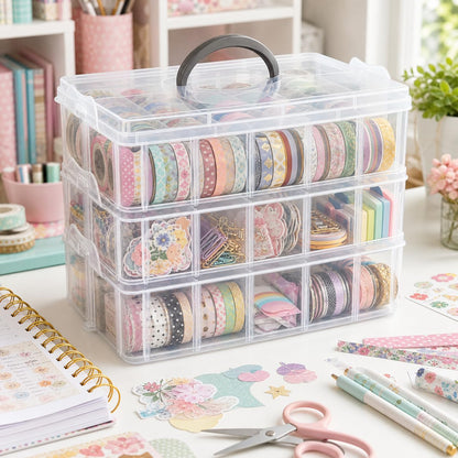 Guyuyii 3-Tier Stackable Bead Organizer with Adjustable Compartments and Carry Handle - BPA-Free Craft Storage Case with Lid for Sewing Supplies, Jewelry, Washi Tape, Embroidery Floss, Lego Pieces