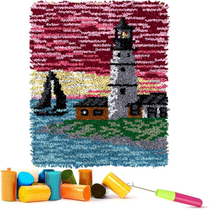 EMISTEM Latch Hook Kits for Adults - DIY Latch Hook Rug Kits, Crochet Kit for Beginners, Rug Making Kits with Printed Canvas, Gift Packaging.(Lighthouse and Sailboat, 20x15)