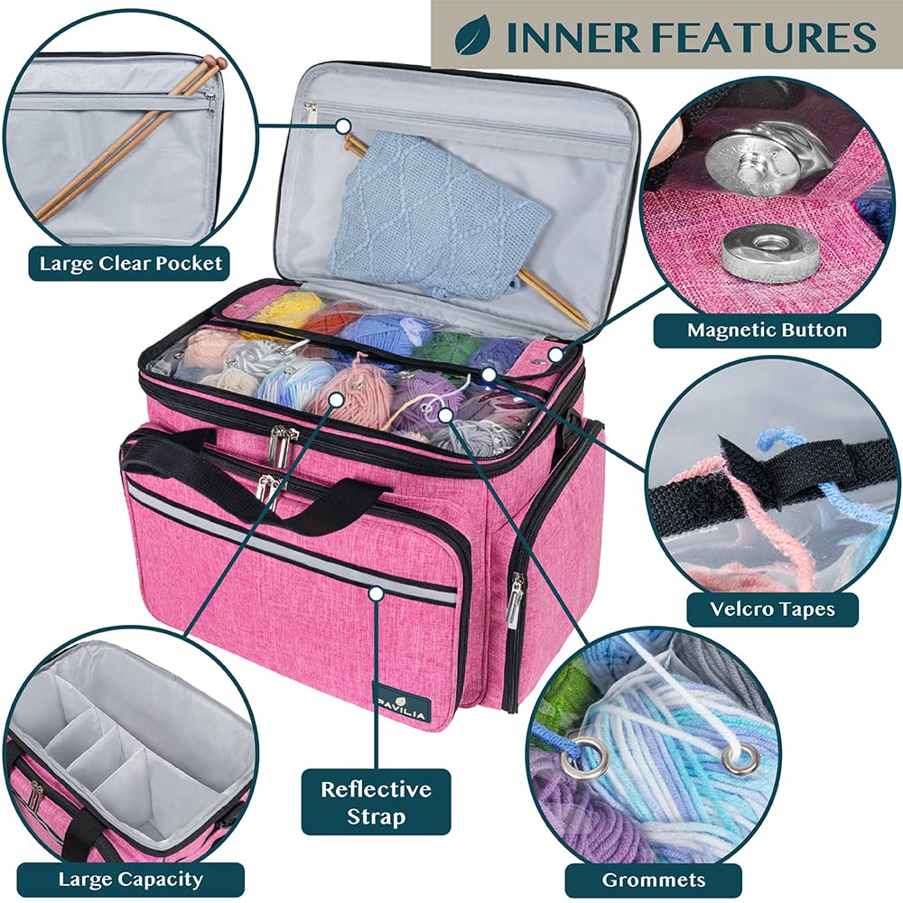 PAVILIA Knitting Bag Yarn Storage Tote - Large Crochet Organizer, Holder for Knitter Projects, Accessories Set, Gifts for Crochet Lovers - Heather Pink