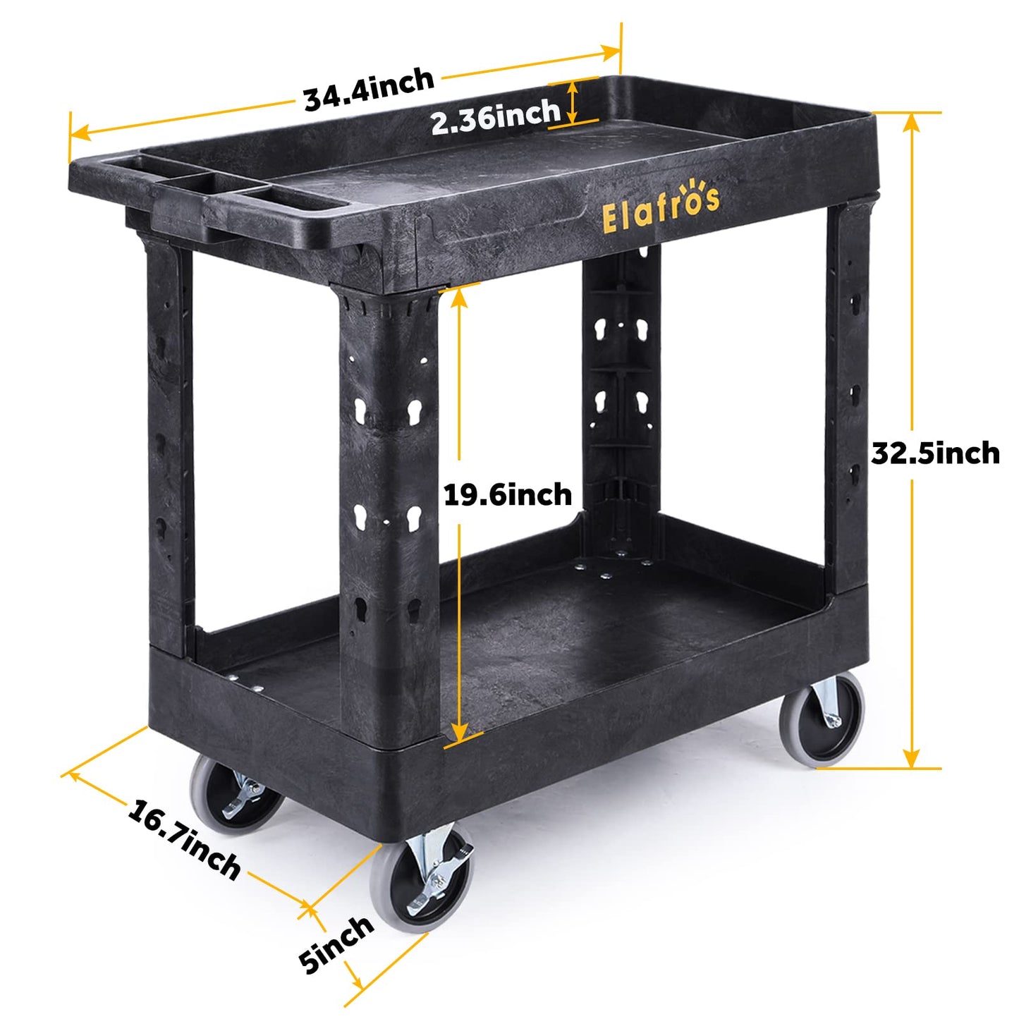 ELAFROS Heavy Duty Plastic Utility Cart 34 x 17 Inch - Work Cart Tub Storage W/Deep Shelves and Full Swivel Wheels Safely Holds up to 550 lbs - 2 Tier Service Cart for Warehouse,Garage, Cleaning
